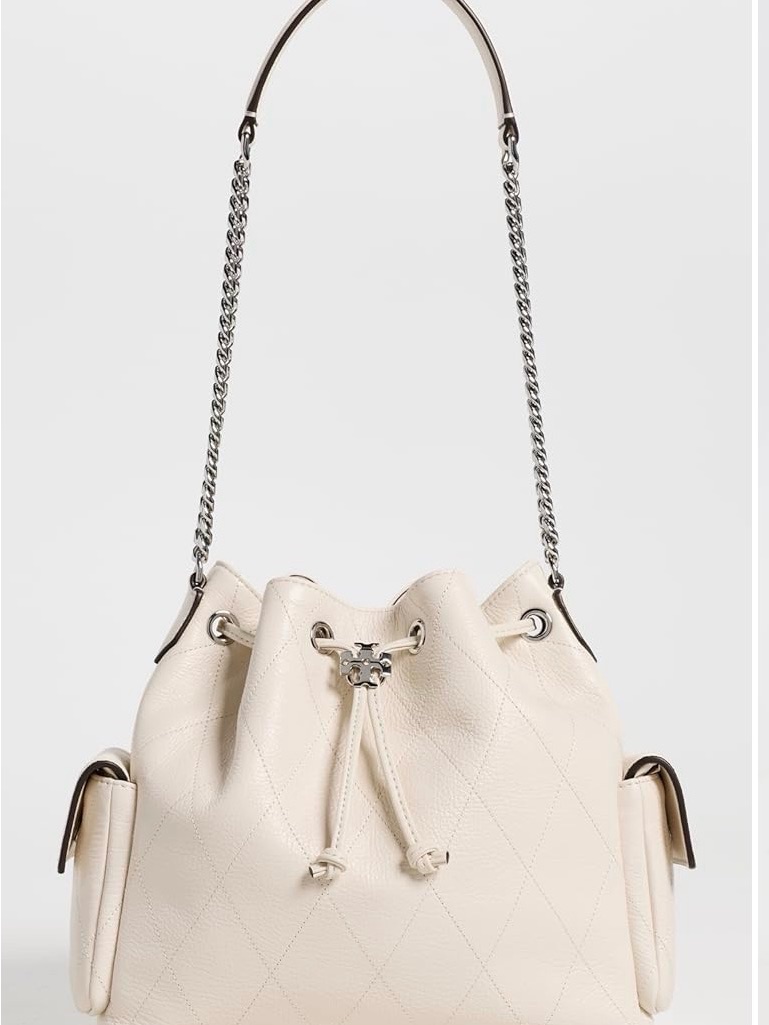Tory Burch Ivory Quilted Leather Drawstring Satchel With Chain Strap